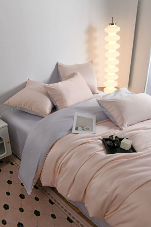 Lenjerie De Pat Premium Din Matase 6 Piese - Somon Cu Gri Deschis [8]