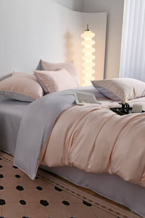 Lenjerie De Pat Premium Din Matase 6 Piese - Somon Cu Gri Deschis [1]