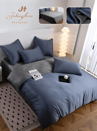 LENJERII DE PAT - Lenjerie De Pat Premium Din Matase 6 Piese - Bleumarin Cu Gri