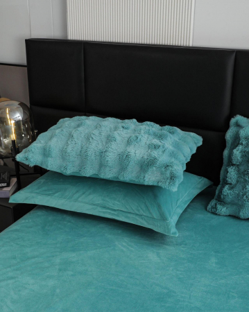 Lenjerie De Pat Pufoasa Blana Artificiala Rabbit - Iepure Luxury Edition - Turquoise [2]