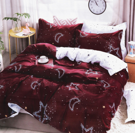 LENJERII DE PAT - Lenjerie Din Bumbac Satinat 6 Piese - Bordo Constelatii