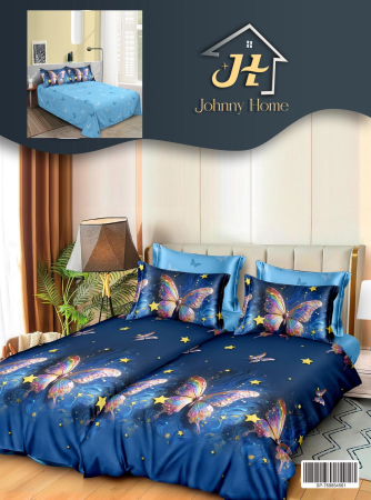 Bumbac Satinat Superior - Lenjerie Din Bumbac Satinat 7 Piese Cu 2 Cearceafuri Pilota 5D - Fluturi Colorati Si Stelute