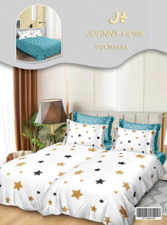 Cearceaf normal - Lenjerie Din Bumbac Satinat 7 Piese Cu 2 Cearceafuri Pilota - Alb Cu Stelute