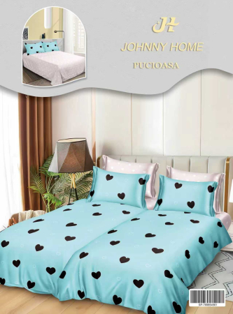 Cearceaf normal - Lenjerie Din Bumbac Satinat 7 Piese Cu 2 Cearceafuri Pilota - Albastru Cu Inimioare