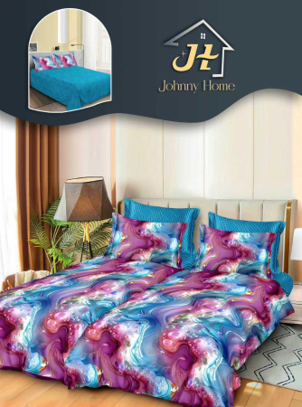 LENJERII DE PAT - Lenjerie Din Bumbac Satinat 7 Piese Cu 2 Cearceafuri Pilota - Albastru Si Mov Abstract