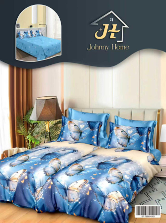 LENJERII DE PAT - Lenjerie Din Bumbac Satinat 7 Piese Cu 2 Cearceafuri Pilota - Bleu Cu Fluturi