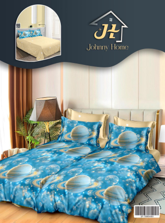 LENJERII DE PAT - Lenjerie Din Bumbac Satinat 7 Piese Cu 2 Cearceafuri Pilota - Bleu Cu Planete