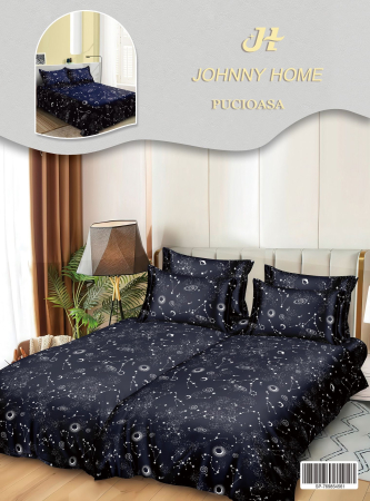 Cearceaf normal - Lenjerie Din Bumbac Satinat 7 Piese Cu 2 Cearceafuri Pilota - Bleumarin Cu Constelatii