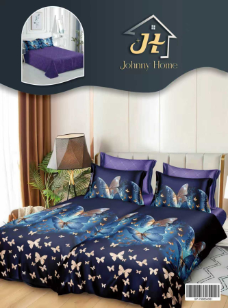 LENJERII DE PAT - Lenjerie Din Bumbac Satinat 7 Piese Cu 2 Cearceafuri Pilota - Fluturasi Pe Bleumarin