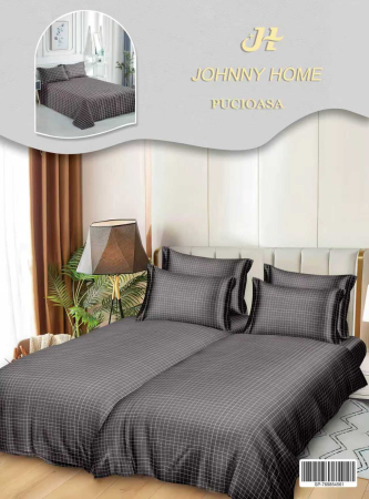 Cearceaf normal - Lenjerie Din Bumbac Satinat 7 Piese Cu 2 Cearceafuri Pilota - Gri Cu Patratele