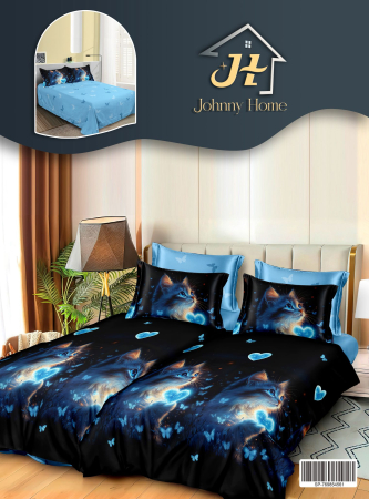 LENJERII DE PAT - Lenjerie Din Bumbac Satinat 7 Piese Cu 2 Cearceafuri Pilota - Inima Albastra De Pisica