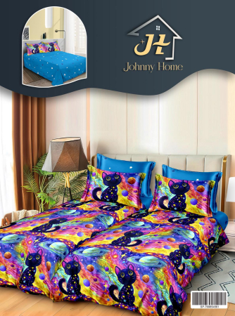 LENJERII DE PAT - Lenjerie Din Bumbac Satinat 7 Piese Cu 2 Cearceafuri Pilota - Pisicute In Spatiu Colorat