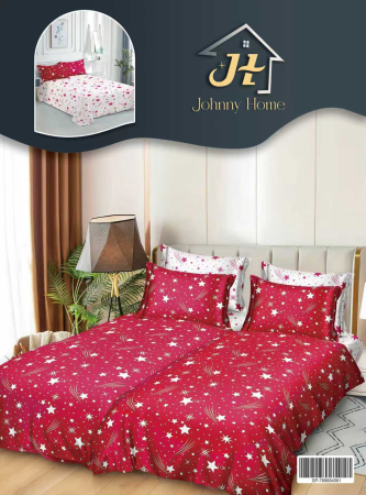 LENJERII DE PAT - Lenjerie Din Bumbac Satinat 7 Piese Cu 2 Cearceafuri Pilota - Rosu Cu Stelute
