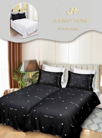 Cearceaf normal - Lenjerie Din Bumbac Satinat 7 Piese Cu 2 Cearceafuri Pilota - Stelute Si Gene