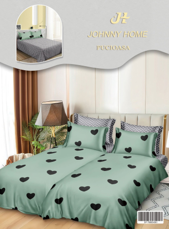 Cearceaf normal - Lenjerie Din Bumbac Satinat 7 Piese Cu 2 Cearceafuri Pilota - Verde Cu Inimioare