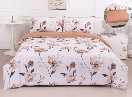 LENJERII DE PAT - Lenjerie Din Bumbac Satinat Cu Elastic 4 Piese - Alb Cu Flori Bej