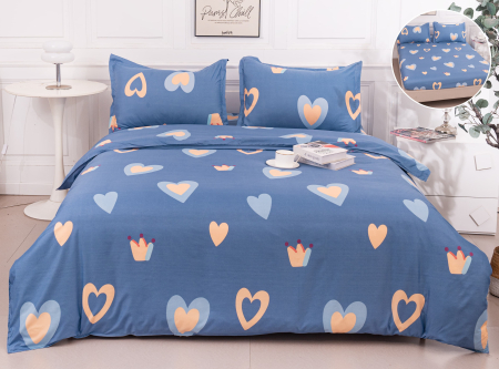 LENJERII DE PAT - Lenjerie Din Bumbac Satinat Cu Elastic 4 Piese - Bleu cu Inimi Si Coroane