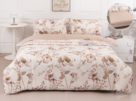 LENJERII DE PAT - Lenjerie Din Bumbac Satinat Cu Elastic 4 Piese - Crem Cu Flori