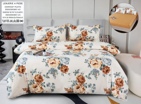 Cearceaf cu elastic - Lenjerie Din Bumbac Satinat Cu Elastic 4 Piese - Crem Cu Flori Portocali