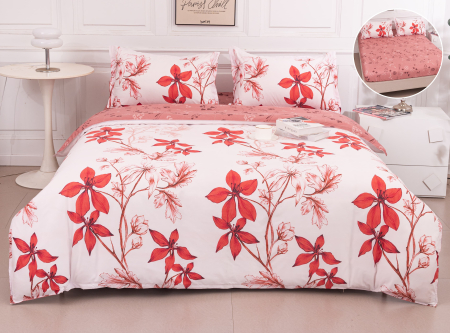 LENJERII DE PAT - Lenjerie Din Bumbac Satinat Cu Elastic 4 Piese - Flori Corai