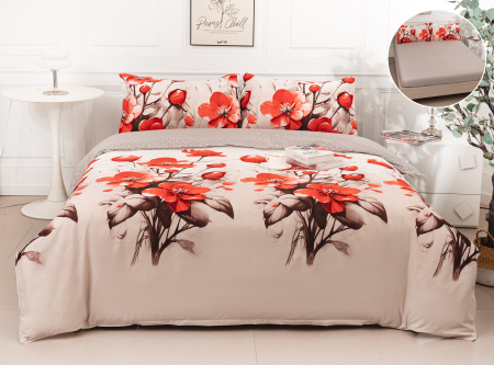 Cearceaf cu elastic - Lenjerie Din Bumbac Satinat Cu Elastic 4 Piese - Flori Rosii Rotunjite