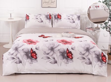 LENJERII DE PAT - Lenjerie Din Bumbac Satinat Cu Elastic 4 Piese - Fluturi Si Flori Gri