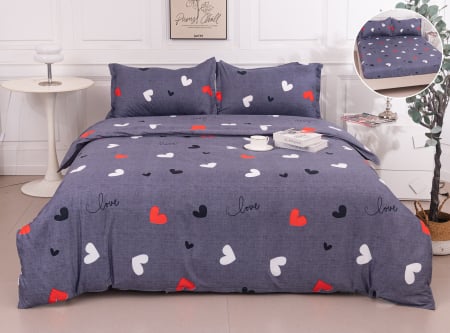 Cearceaf cu elastic - Lenjerie Din Bumbac Satinat Cu Elastic 4 Piese - Inimioare In Alb Rosu Si Negru