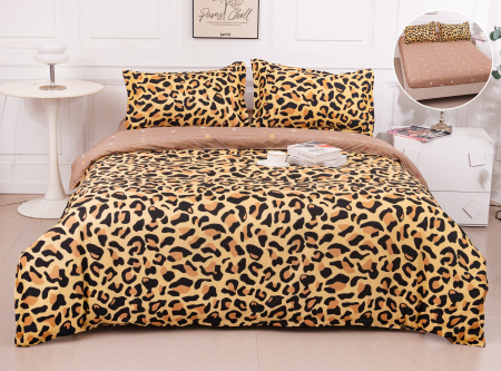 LENJERII DE PAT - Lenjerie Din Bumbac Satinat Cu Elastic 4 Piese - Leopard