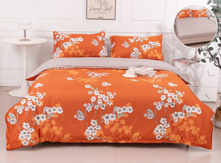 LENJERII DE PAT - Lenjerie Din Bumbac Satinat Cu Elastic 4 Piese - Portocalie cu Flori