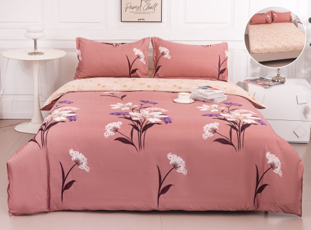 LENJERII DE PAT - Lenjerie Din Bumbac Satinat Cu Elastic 4 Piese - Roz cu Imprimeu Floral