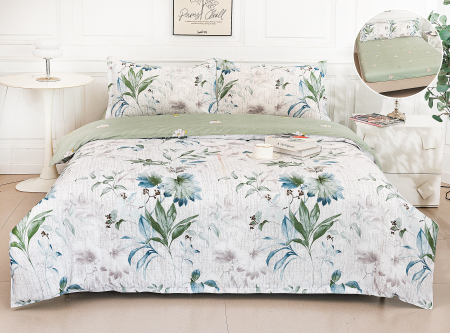 LENJERII DE PAT - Lenjerie Din Bumbac Satinat Cu Elastic 4 Piese - Verde Floral