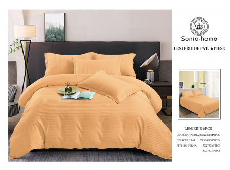 LENJERII DE PAT - Lenjerie Din Bumbac Satinat Tip Damasc 6 Piese - Portocaliu Caisa