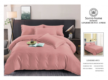Bumbac Tip Damasc - Lenjerie Din Bumbac Satinat Tip Damasc 6 Piese -  Roze