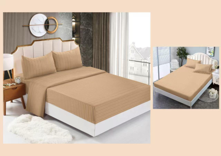 Cearceaf cu elastic 4 piese - Lenjerie Din Bumbac Tip Damasc Cu Elastic 4 Piese - Bej Cacao Cu Lapte