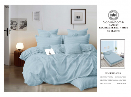 Bumbac Tip Damasc - Lenjerie Din Bumbac Tip Damasc Cu Elastic 4 Piese - Bleu Azur