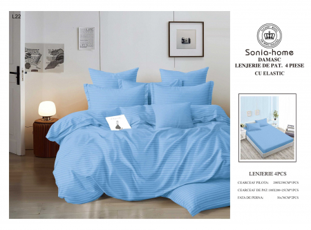 Bumbac Tip Damasc - Lenjerie Din Bumbac Tip Damasc Cu Elastic 4 Piese - Bleu