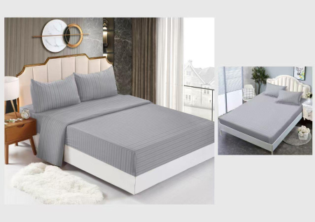 Cearceaf cu elastic 4 piese - Lenjerie Din Bumbac Tip Damasc Cu Elastic 4 Piese - Gri