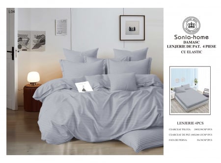 Bumbac Tip Damasc - Lenjerie Din Bumbac Tip Damasc Cu Elastic 4 Piese - Gri Deschis