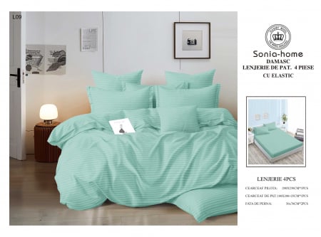 Bumbac Tip Damasc - Lenjerie Din Bumbac Tip Damasc Cu Elastic 4 Piese - Verde Summer