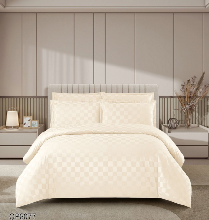 Bumbac Tip Damasc - Lenjerii Din Damasc Satinat Cu Patratele 4 Piese Cu Elastic - Crem Deschis