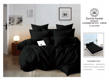 Bumbac Tip Damasc - Lenjerie Din Bumbac Tip Damasc Cu Elastic 4 Piese - Negru