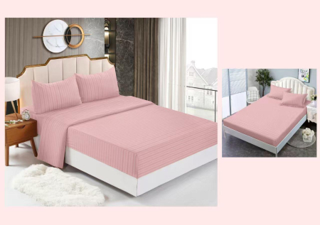 LENJERII DE PAT - Lenjerie Din Bumbac Tip Damasc Cu Elastic 4 Piese - Roz