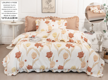 Bumbac Tip Finet Cu Volanase - Lenjerie Din Bumbac Tip Finet 6 Piese Cu Elastic Model Volanas - Bej Caramel Cu Lalele