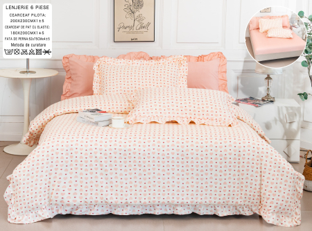 Bumbac Tip Finet Cu Volanase - Lenjerie Din Bumbac Tip Finet 6 Piese Cu Elastic Model Volanas  - Corai Cu Inimioare