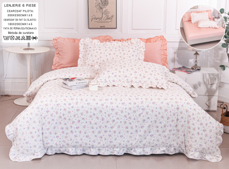 Bumbac Tip Finet Cu Volanase - Lenjerie Din Bumbac Tip Finet 6 Piese Cu Elastic Model Volanas - Corai Floral
