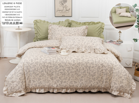 Bumbac Tip Finet Cu Volanase - Lenjerie Din Bumbac Tip Finet 6 Piese Cu Elastic Model Volanas  - Kaki Cu Floricele