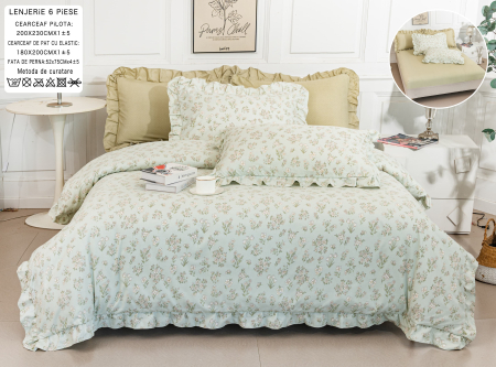 Bumbac Tip Finet Cu Volanase - Lenjerie Din Bumbac Tip Finet 6 Piese Cu Elastic Model Volanas - Verde Menta Cu Floricele