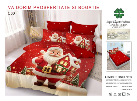 LENJERII DE PAT - Lenjerie Din Bumbac Tip Finet Cu Elastic Craciun - Casuta Mosului
