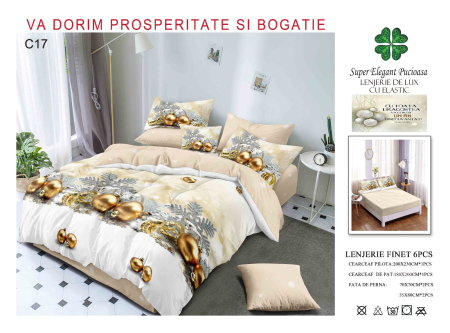 LENJERII DE PAT - Lenjerie Din Bumbac Tip Finet Cu Elastic Craciun - Globuri Aurii Si Stelute Argintii