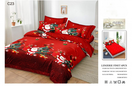 LENJERII DE PAT - Lenjerie Din Bumbac Tip Finet Cu Elastic Craciun - Mini Mos Craciun